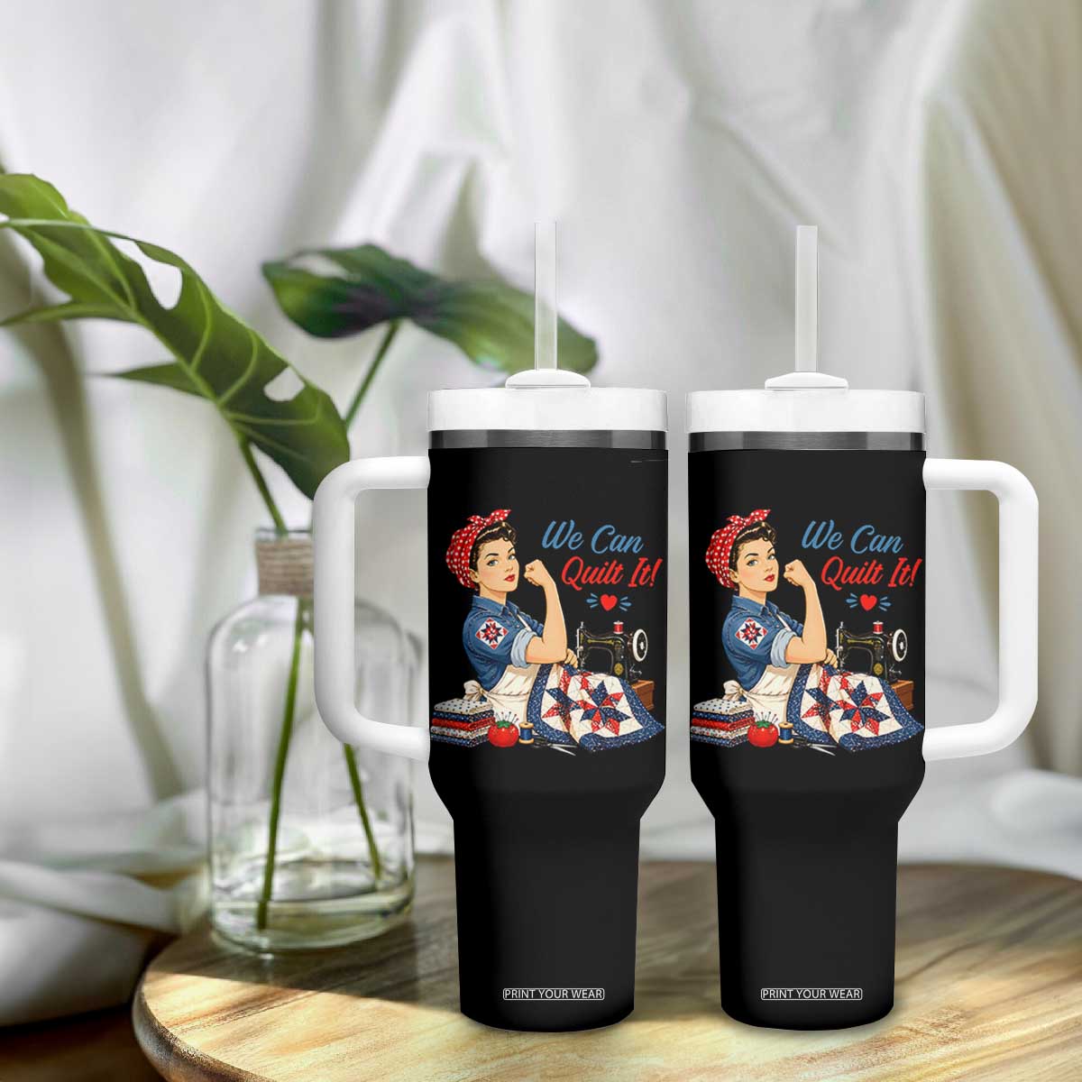 Funny Rosie We Can Quilt It Tumbler With Handle Quilting Sewing Crafty Joke