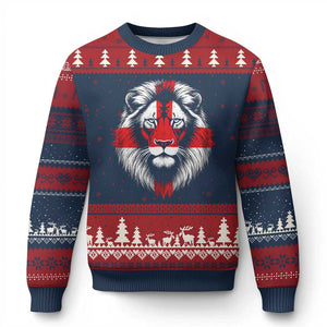 Majestic England Lion Face Graphic Ugly Christmas Sweater Patriotic St. Georges Cross British Pride Heritage