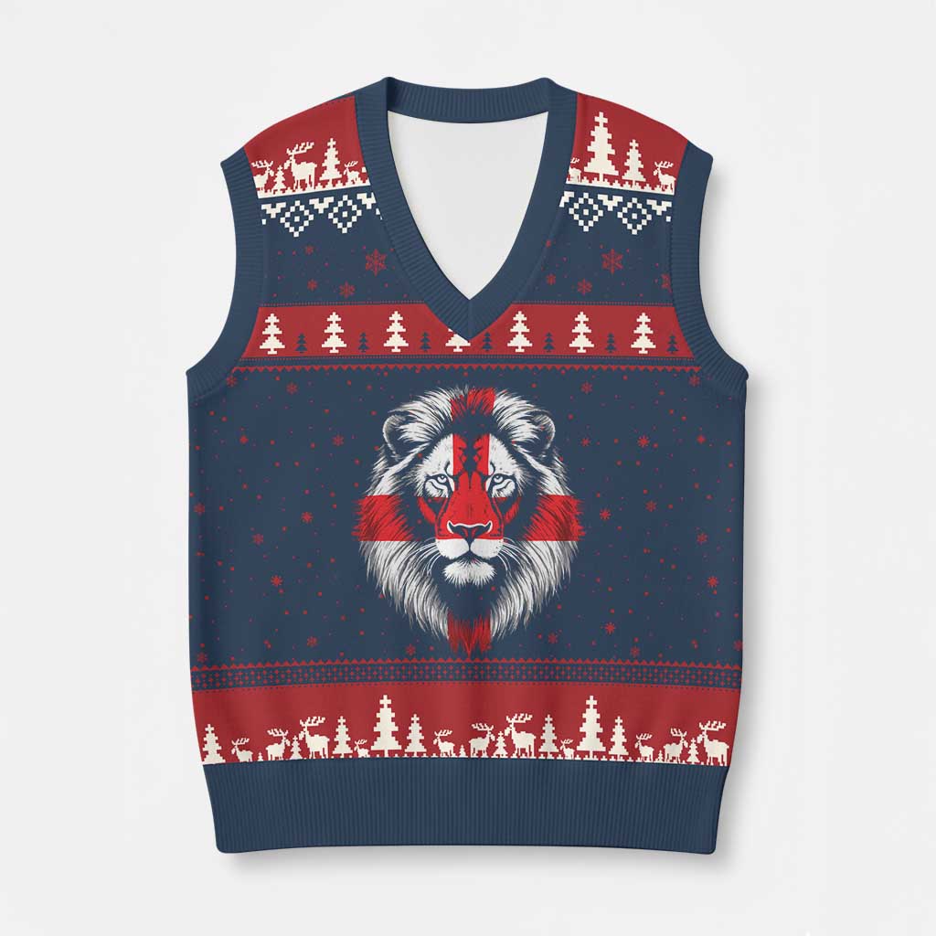 Majestic England Lion Face Graphic V-Neck Knit Sweater Vest Patriotic St. Georges Cross British Pride Heritage TS02 Navy Red Print Your Wear