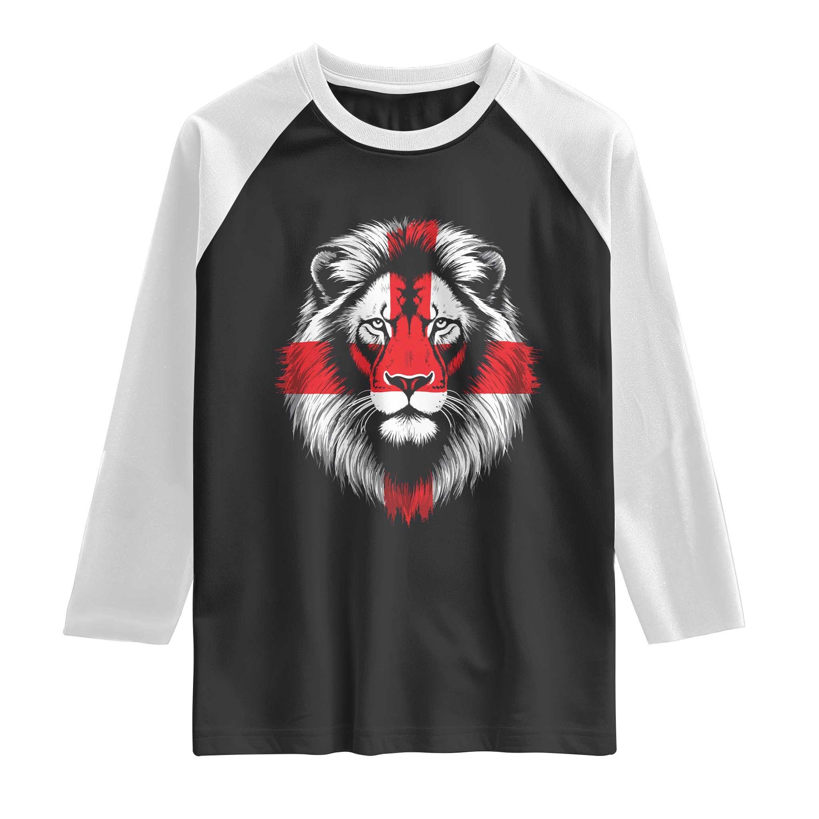 Majestic England Lion Face Graphic Raglan Shirt Patriotic St. Georges Cross British Pride Heritage TS02 Black White Print Your Wear