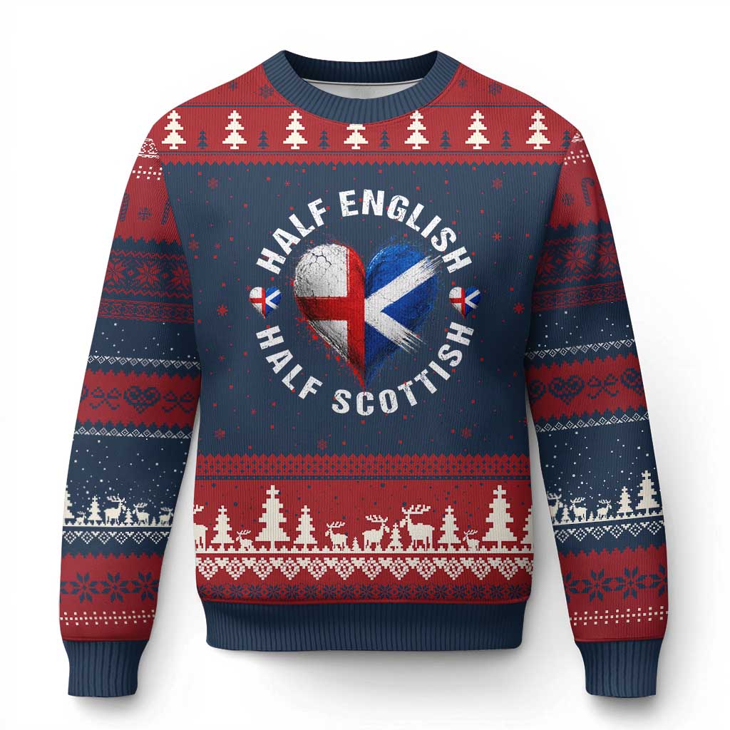 Half English Half Scottish Heritage Ugly Christmas Sweater Heart St Georges Cross and Saltire Pride TS02 Navy Red Print Your Wear