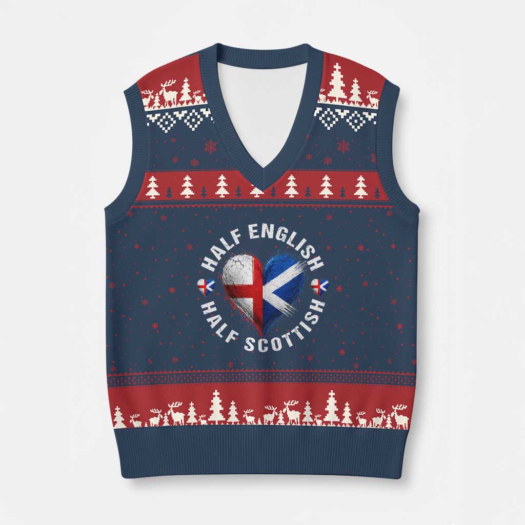 Half English Half Scottish Heritage V-Neck Knit Sweater Vest Heart St Georges Cross and Saltire Pride TS02 Navy Red Print Your Wear