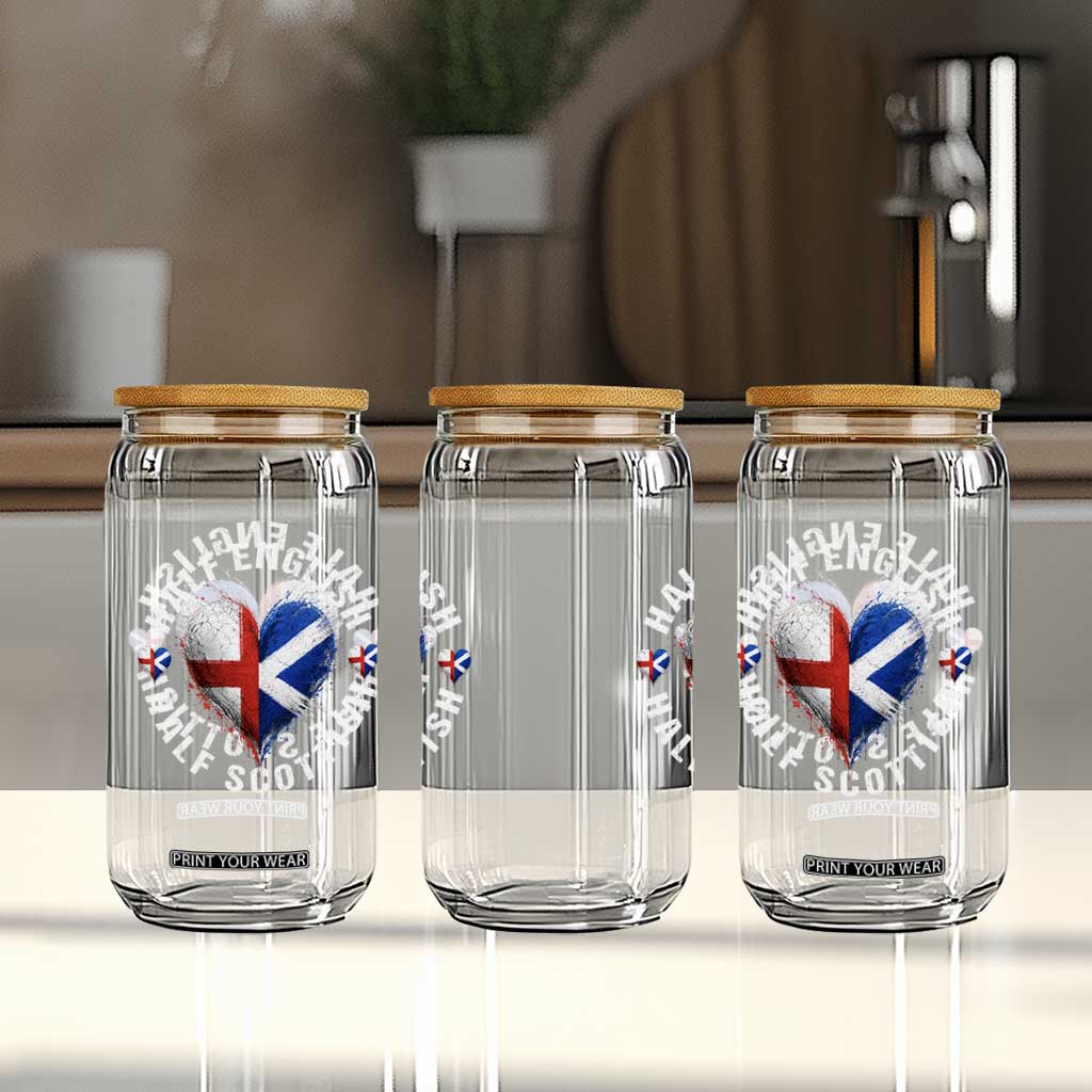 Half English Half Scottish Heritage Glass Can Heart St Georges Cross and Saltire Pride