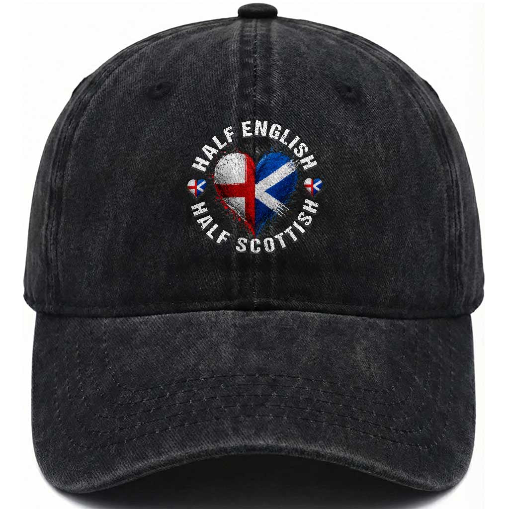 Half English Half Scottish Heritage Washed Cotton Baseball Cap Heart St Georges Cross and Saltire Pride