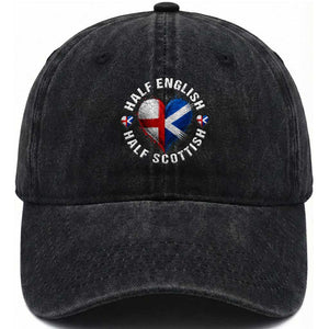 Half English Half Scottish Heritage Washed Cotton Baseball Cap Heart St Georges Cross and Saltire Pride