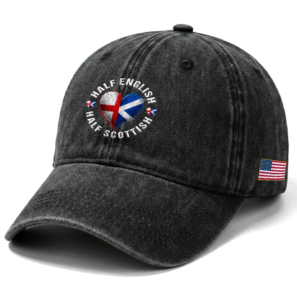 Half English Half Scottish Heritage Washed Cotton Baseball Cap Heart St Georges Cross and Saltire Pride
