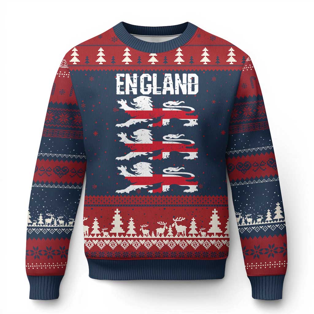 Vintage Three Lions England Pride Ugly Christmas Sweater Patriotic Soccer British Football Fans