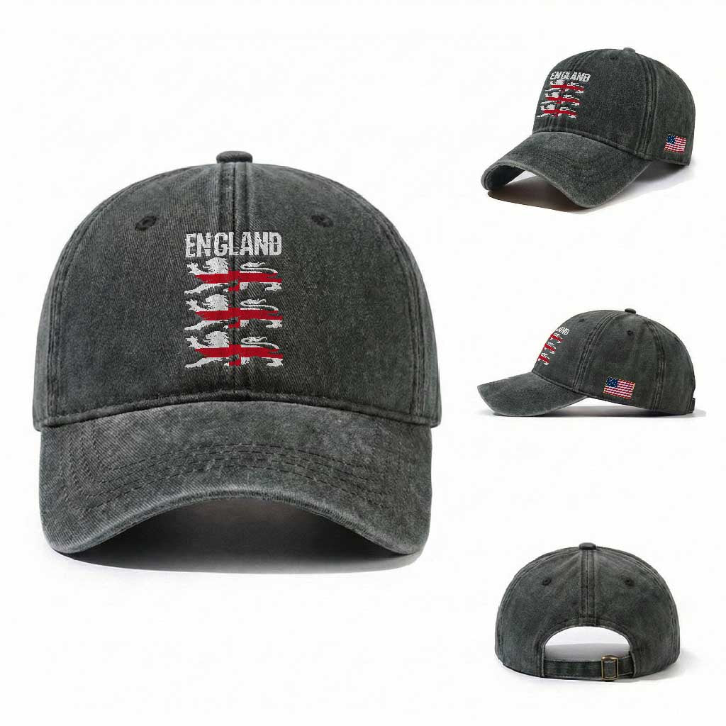 Vintage Three Lions England Pride Washed Cotton Baseball Cap Patriotic Soccer British Football Fans