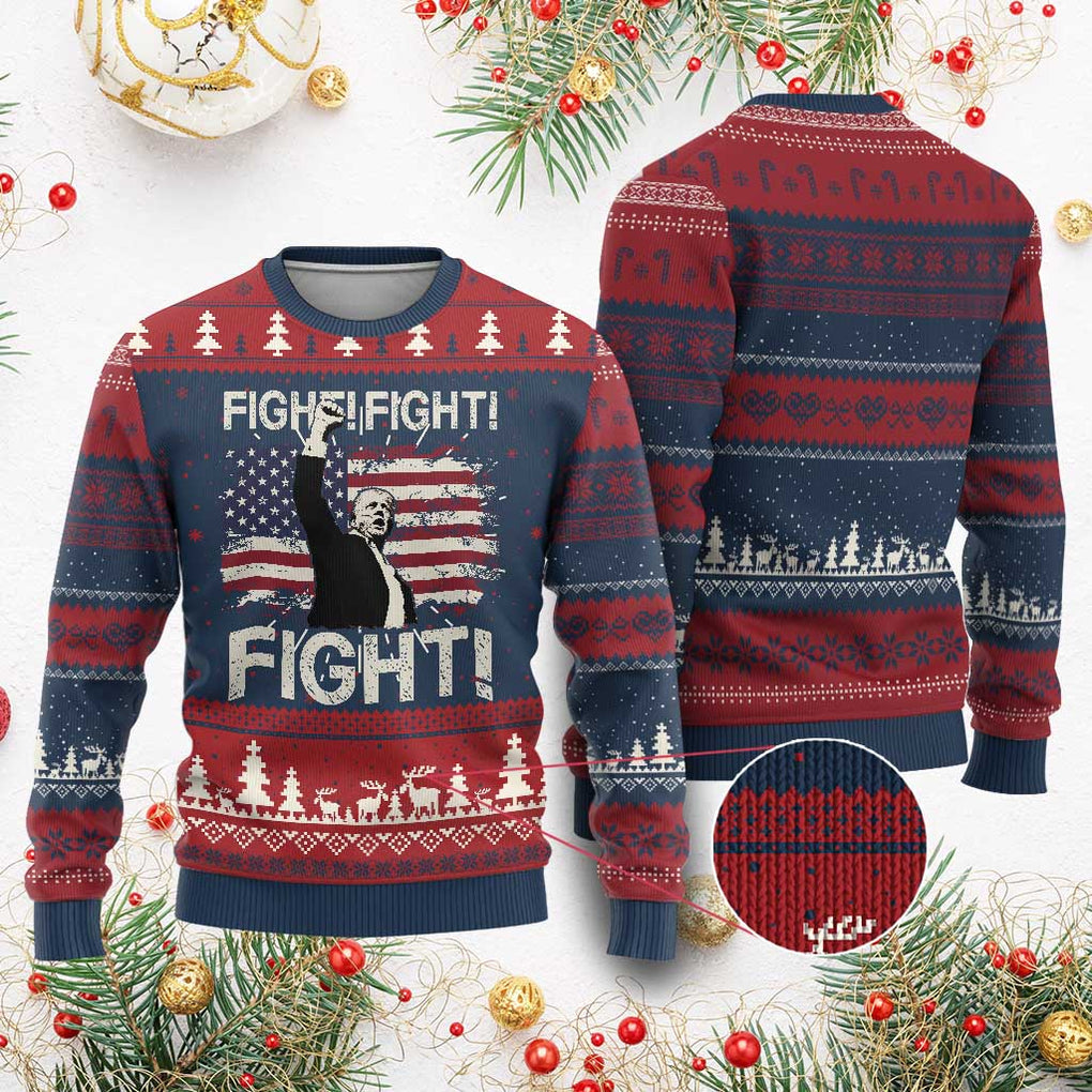 Trump Raised Fist Ugly Christmas Sweater Fight Fight Fight American Flag Retro Vintage TS02 Burgundy Print Your Wear