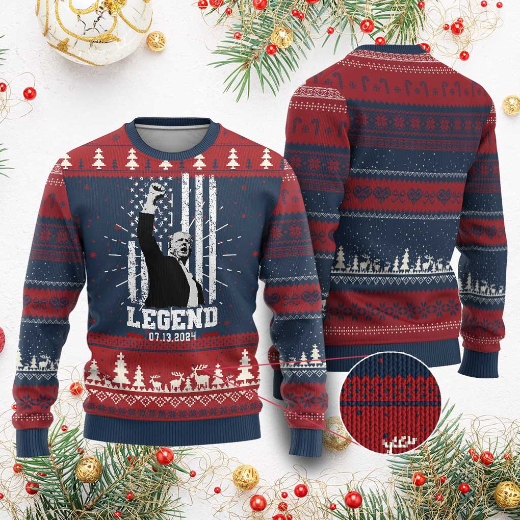 Trump Raised Fist Ugly Christmas Sweater Legend July 13th 2024 American Flag TS02 Burgundy Print Your Wear