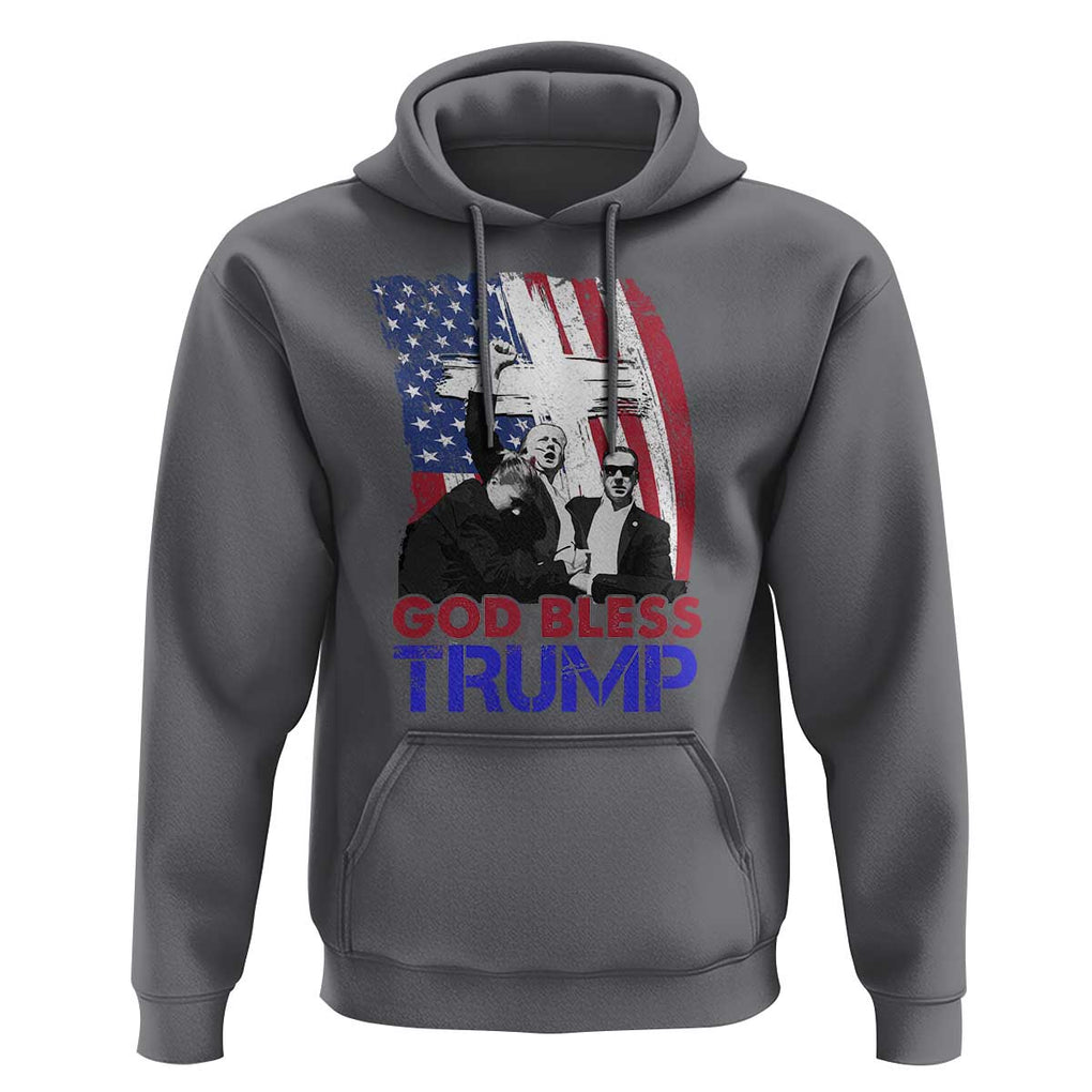 God Bless President Trump Hoodie Pennsylvania 2024 Raised Fist American Flag Cross TS02 Charcoal Print Your Wear