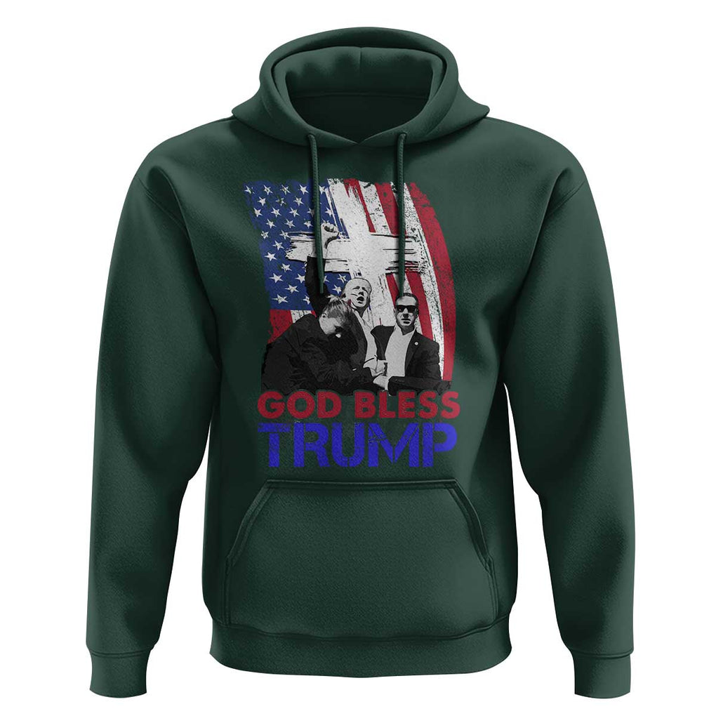 God Bless President Trump Hoodie Pennsylvania 2024 Raised Fist American Flag Cross TS02 Dark Forest Green Print Your Wear