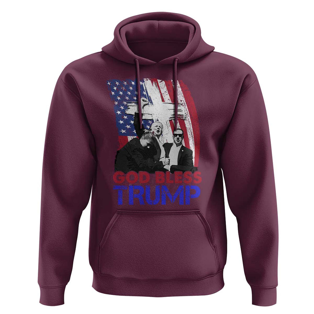 God Bless President Trump Hoodie Pennsylvania 2024 Raised Fist American Flag Cross TS02 Maroon Print Your Wear