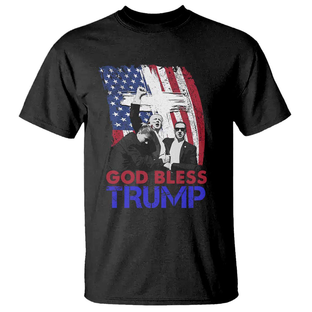 God Bless President Trump T Shirt Pennsylvania 2024 Raised Fist American Flag Cross TS02 Black Print Your Wear