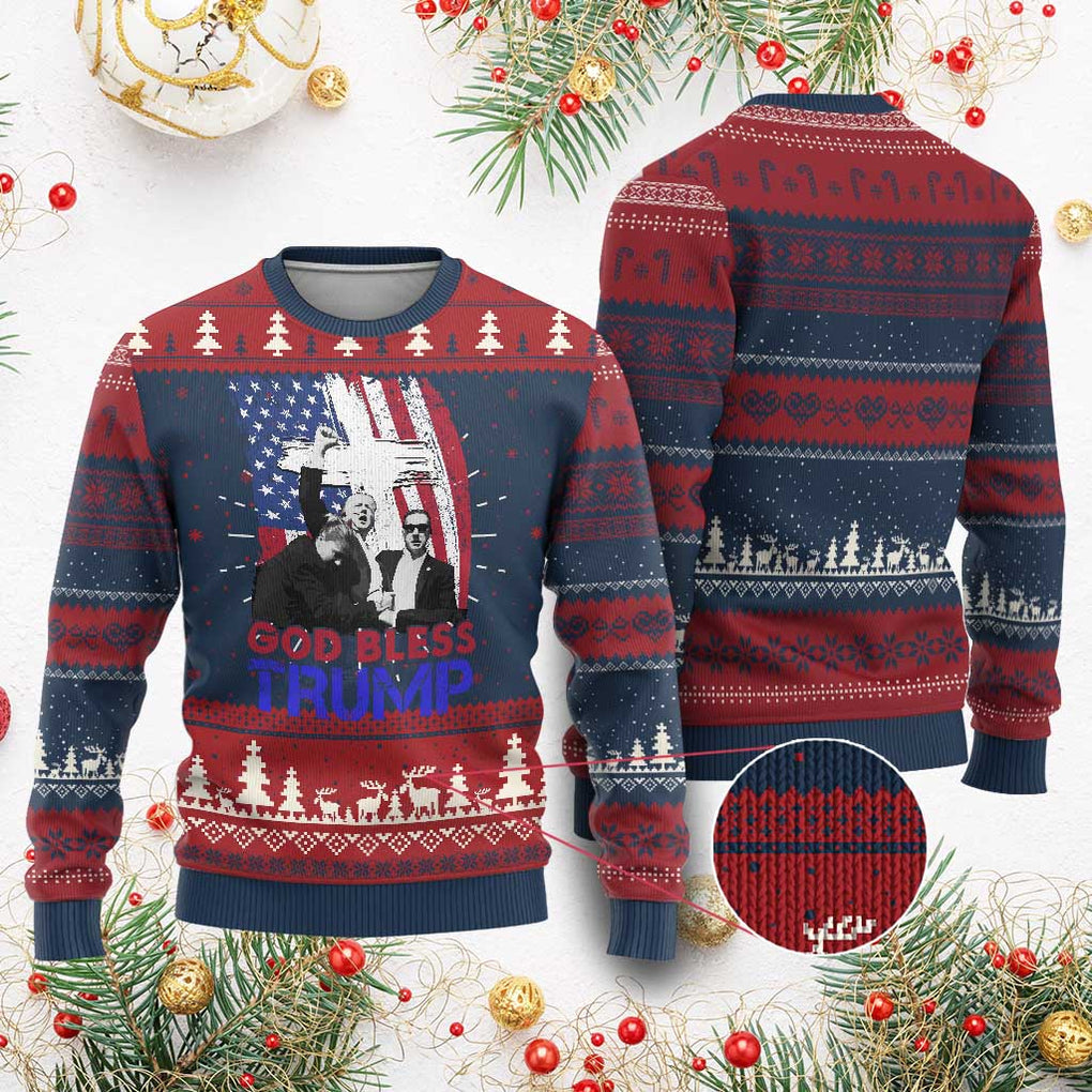 God Bless President Trump Ugly Christmas Sweater Pennsylvania 2024 Raised Fist American Flag Cross TS02 Burgundy Print Your Wear