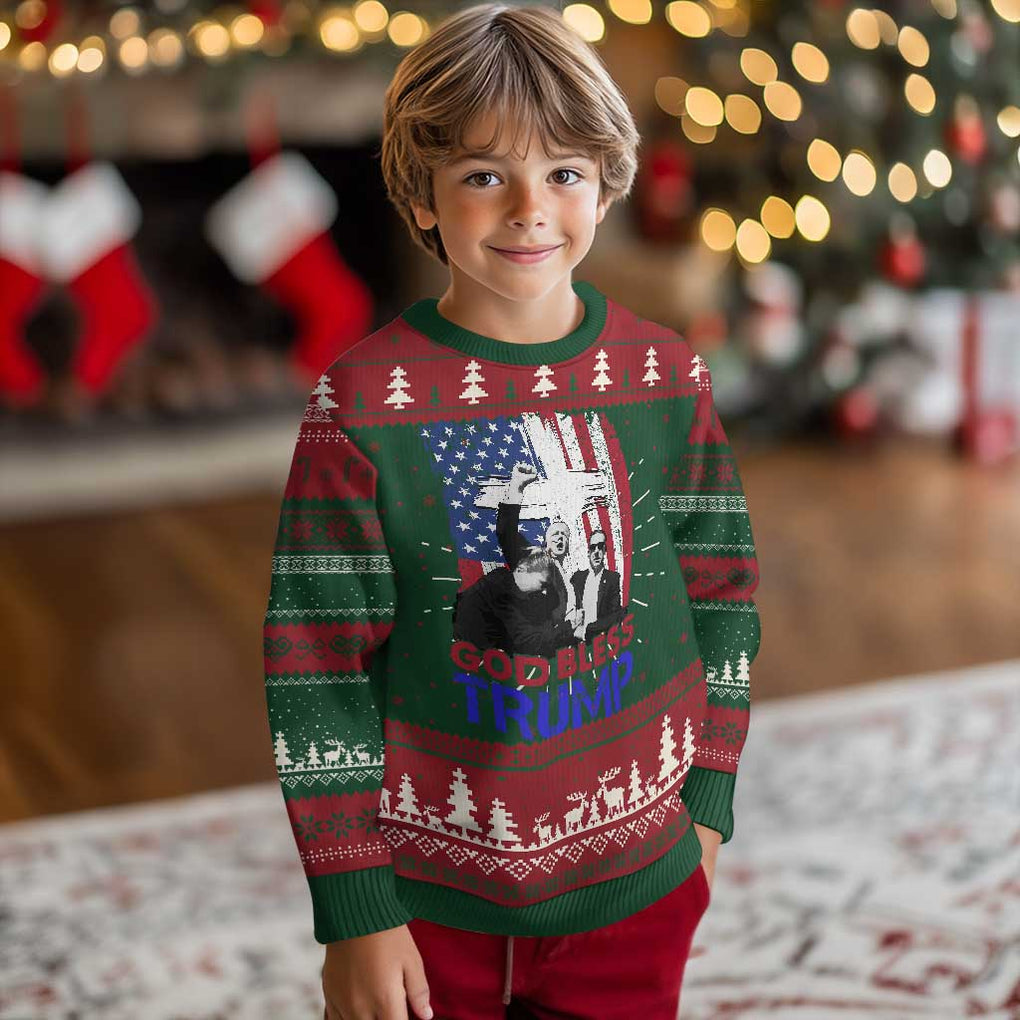 God Bless President Trump Ugly Christmas Sweater Pennsylvania 2024 Raised Fist American Flag Cross TS02 Christmas Print Your Wear