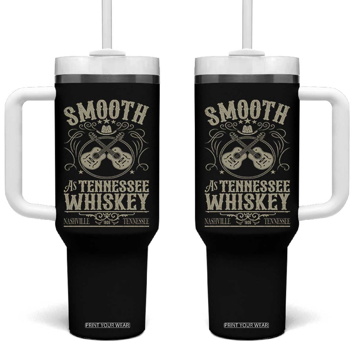 Smooth As Tennessee Whiskey Tumbler With Handle Country Music Guitar Drinking Addict TS02 One Size: 40 oz Black Print Your Wear