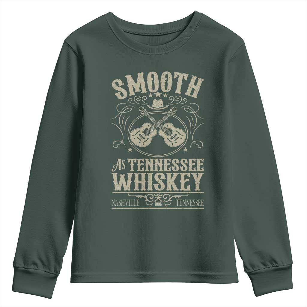 Smooth As Tennessee Whiskey Youth Sweatshirt Country Music Guitar Drinking Addict TS02 Dark Forest Green Print Your Wear