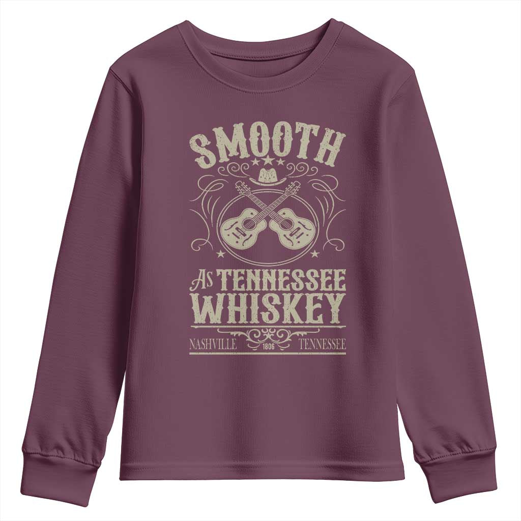 Smooth As Tennessee Whiskey Youth Sweatshirt Country Music Guitar Drinking Addict TS02 Maroon Print Your Wear