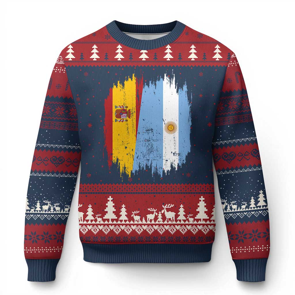 Argentina Spain Dual Heritage Flag Graphic Ugly Christmas Sweater Vintage Spanish Argetine Match Day Pride TS02 Navy Red Print Your Wear