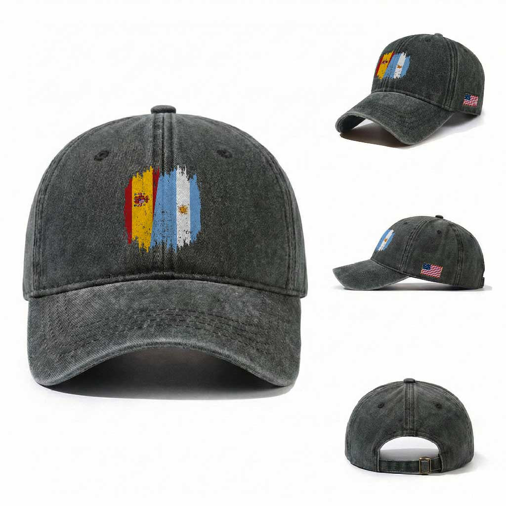 Argentina Spain Dual Heritage Flag Graphic Washed Cotton Baseball Cap Vintage Spanish Argetine Match Day Pride