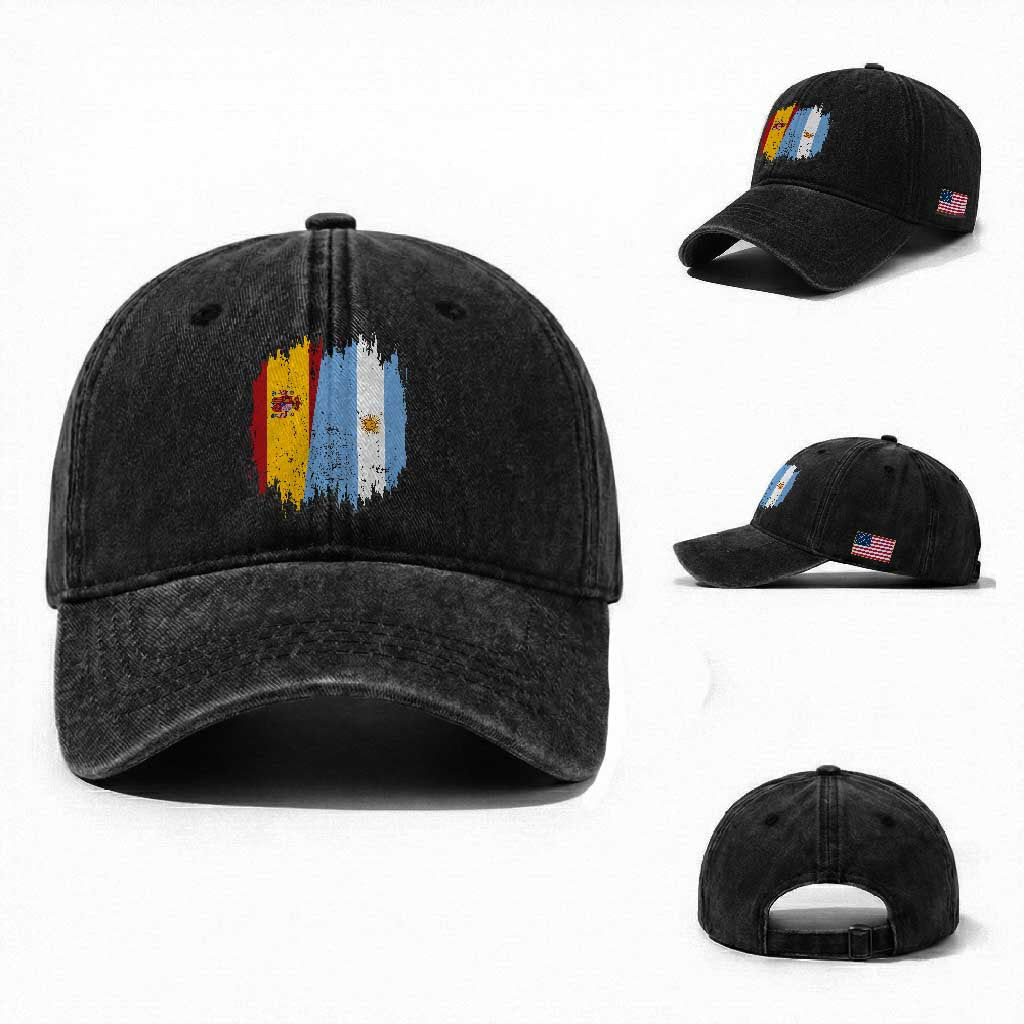 Argentina Spain Dual Heritage Flag Graphic Washed Cotton Baseball Cap Vintage Spanish Argetine Match Day Pride
