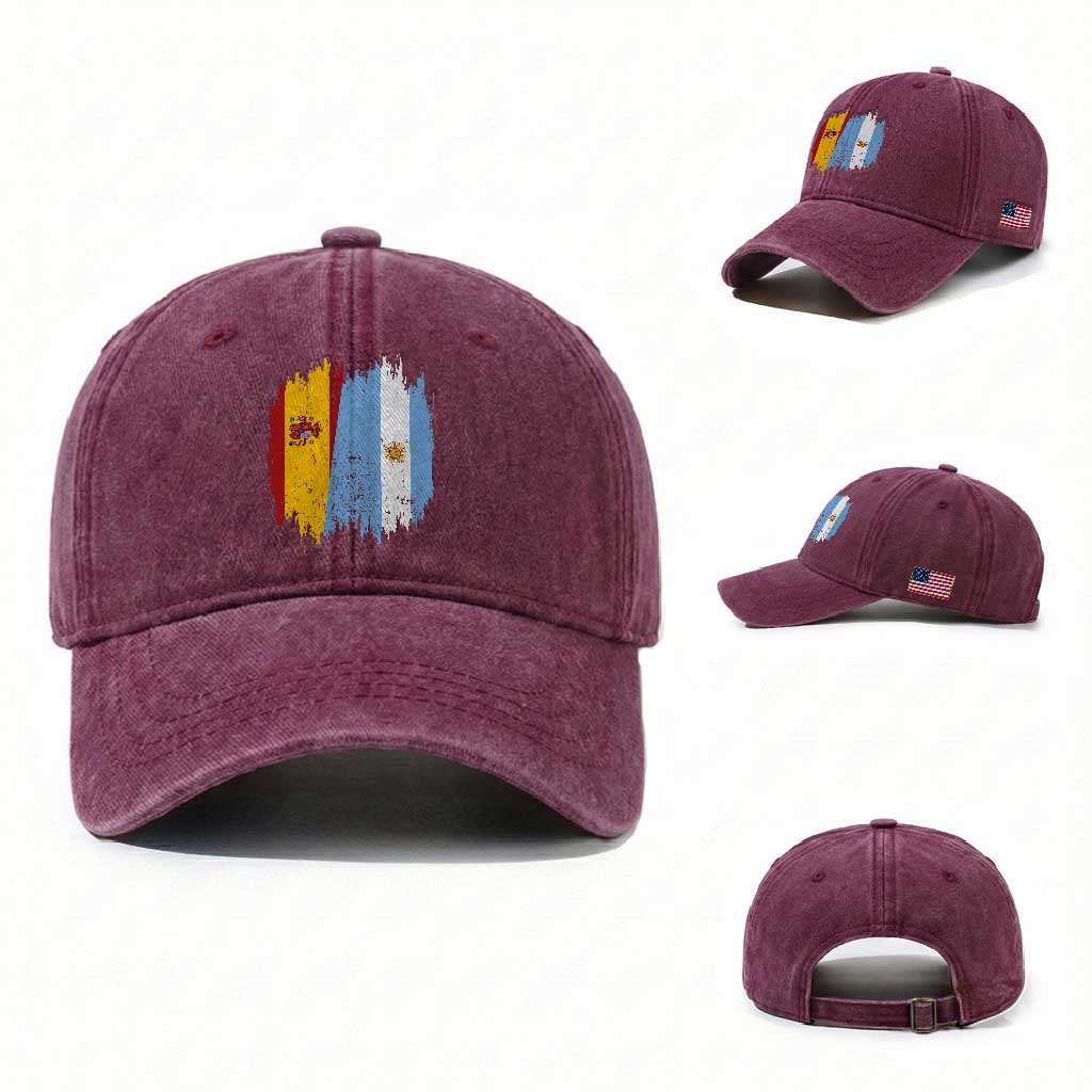 Argentina Spain Dual Heritage Flag Graphic Washed Cotton Baseball Cap Vintage Spanish Argetine Match Day Pride