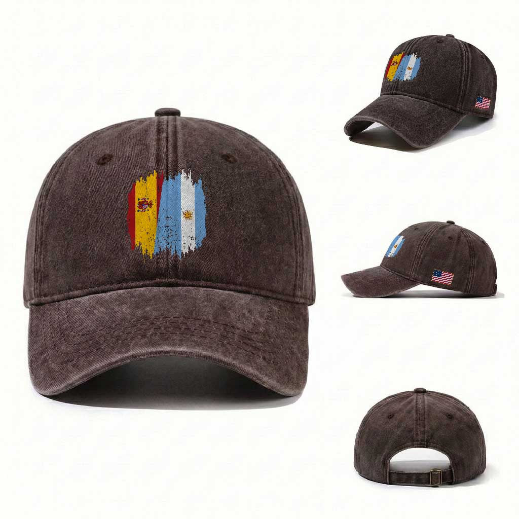 Argentina Spain Dual Heritage Flag Graphic Washed Cotton Baseball Cap Vintage Spanish Argetine Match Day Pride