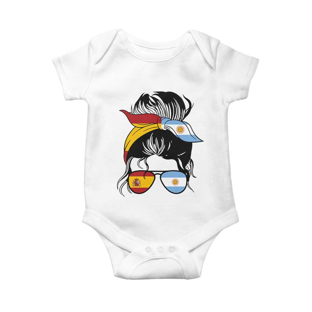 Argentina Spain Flag Messy Bun Girl Graphic Baby Onesie Cool Latina Argentine Spanish Pride Match Day