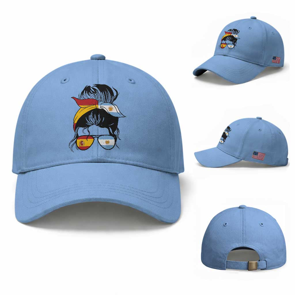 Argentina Spain Flag Messy Bun Girl Graphic Baseball Cap Cool Latina Argentine Spanish Pride Match Day