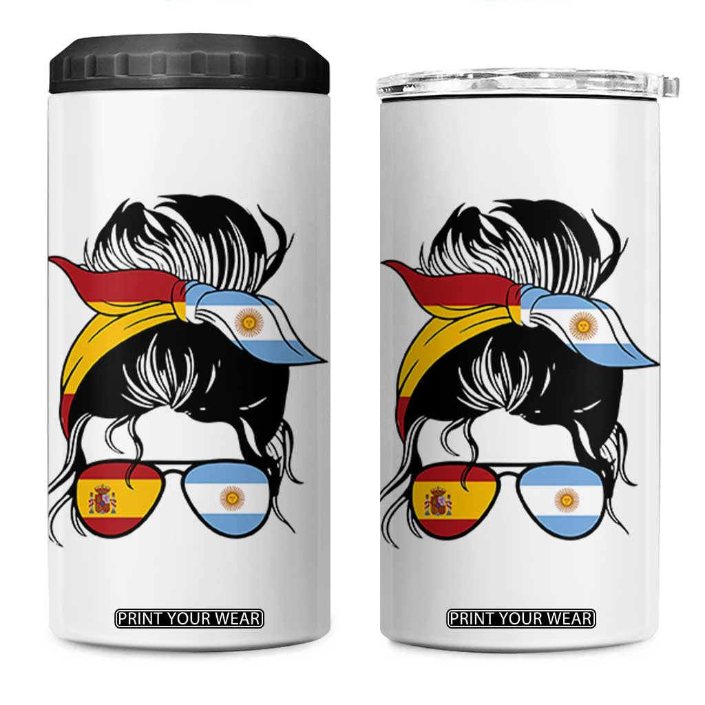Argentina Spain Flag Messy Bun Girl Graphic 4 in 1 Can Cooler Tumbler Cool Latina Argentine Spanish Pride Match Day