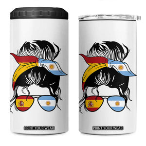 Argentina Spain Flag Messy Bun Girl Graphic 4 in 1 Can Cooler Tumbler Cool Latina Argentine Spanish Pride Match Day