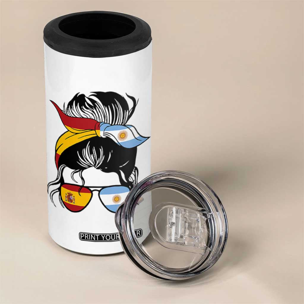 Argentina Spain Flag Messy Bun Girl Graphic 4 in 1 Can Cooler Tumbler Cool Latina Argentine Spanish Pride Match Day
