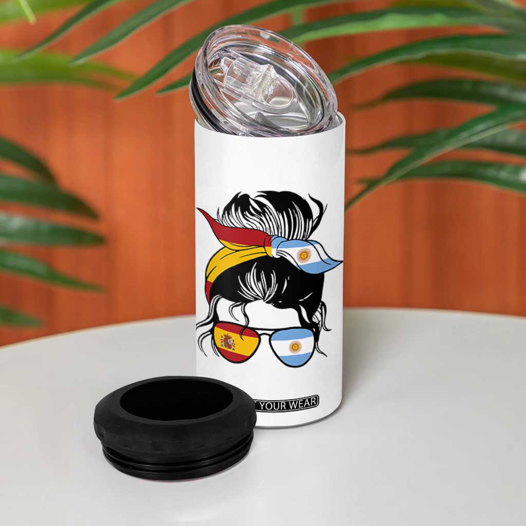 Argentina Spain Flag Messy Bun Girl Graphic 4 in 1 Can Cooler Tumbler Cool Latina Argentine Spanish Pride Match Day