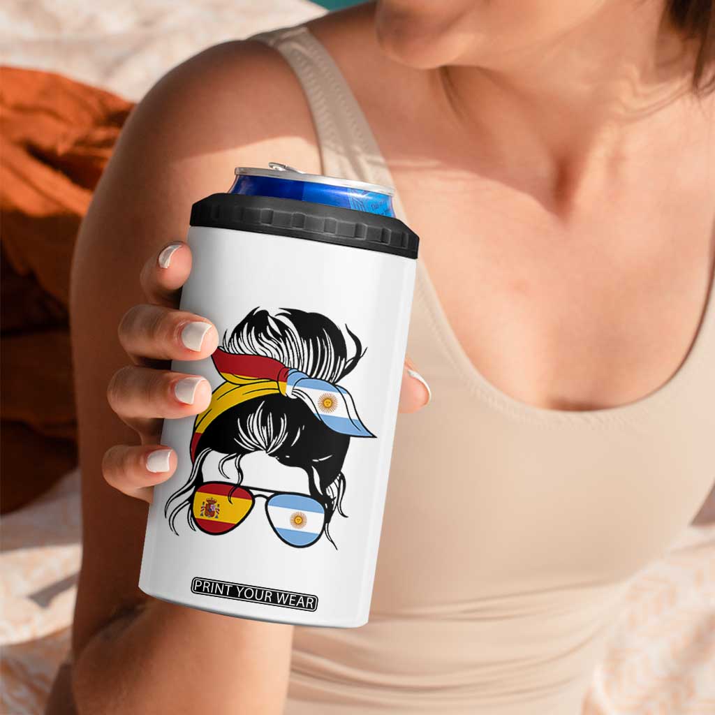 Argentina Spain Flag Messy Bun Girl Graphic 4 in 1 Can Cooler Tumbler Cool Latina Argentine Spanish Pride Match Day