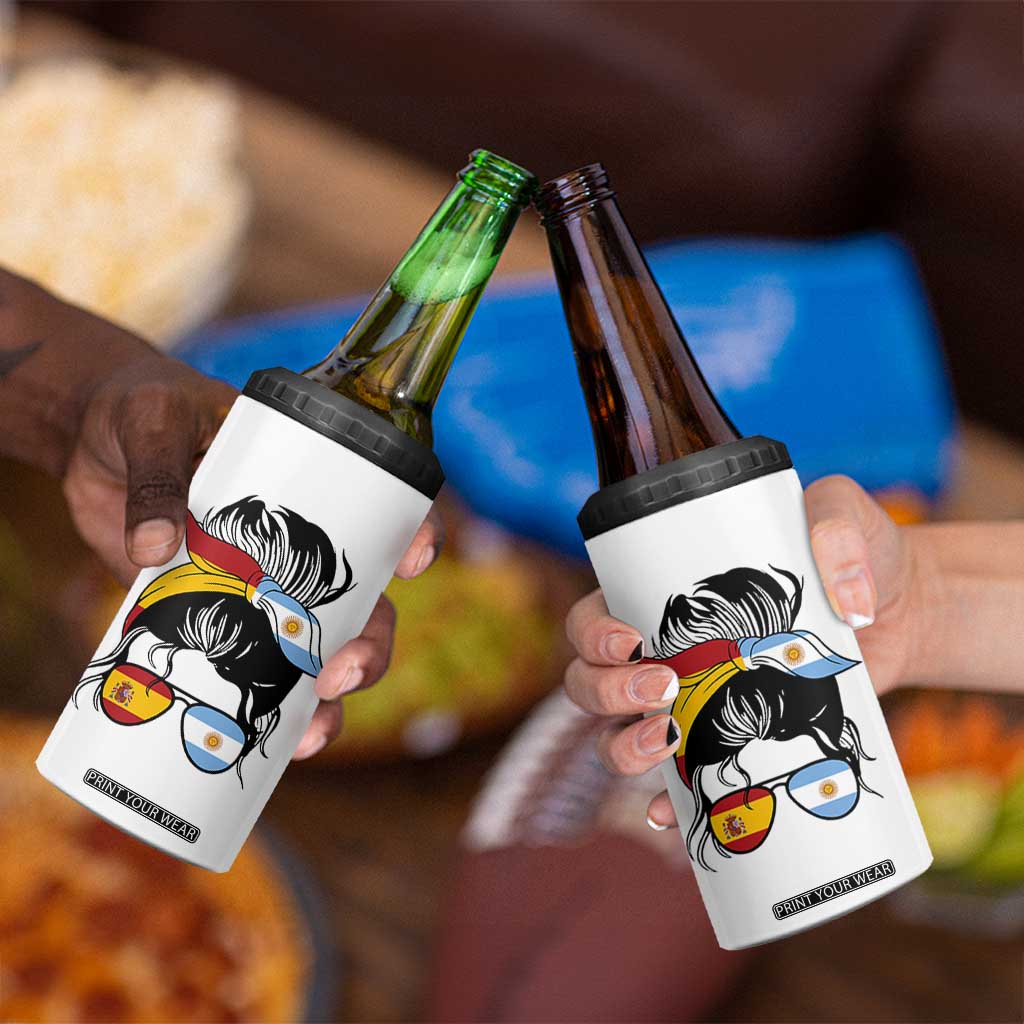 Argentina Spain Flag Messy Bun Girl Graphic 4 in 1 Can Cooler Tumbler Cool Latina Argentine Spanish Pride Match Day
