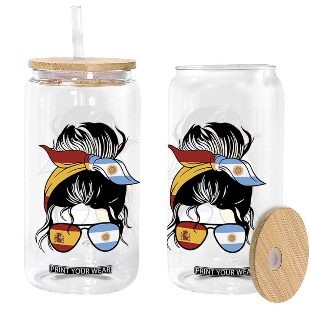 Argentina Spain Flag Messy Bun Girl Graphic Glass Can Cool Latina Argentine Spanish Pride Match Day