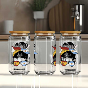 Argentina Spain Flag Messy Bun Girl Graphic Glass Can Cool Latina Argentine Spanish Pride Match Day
