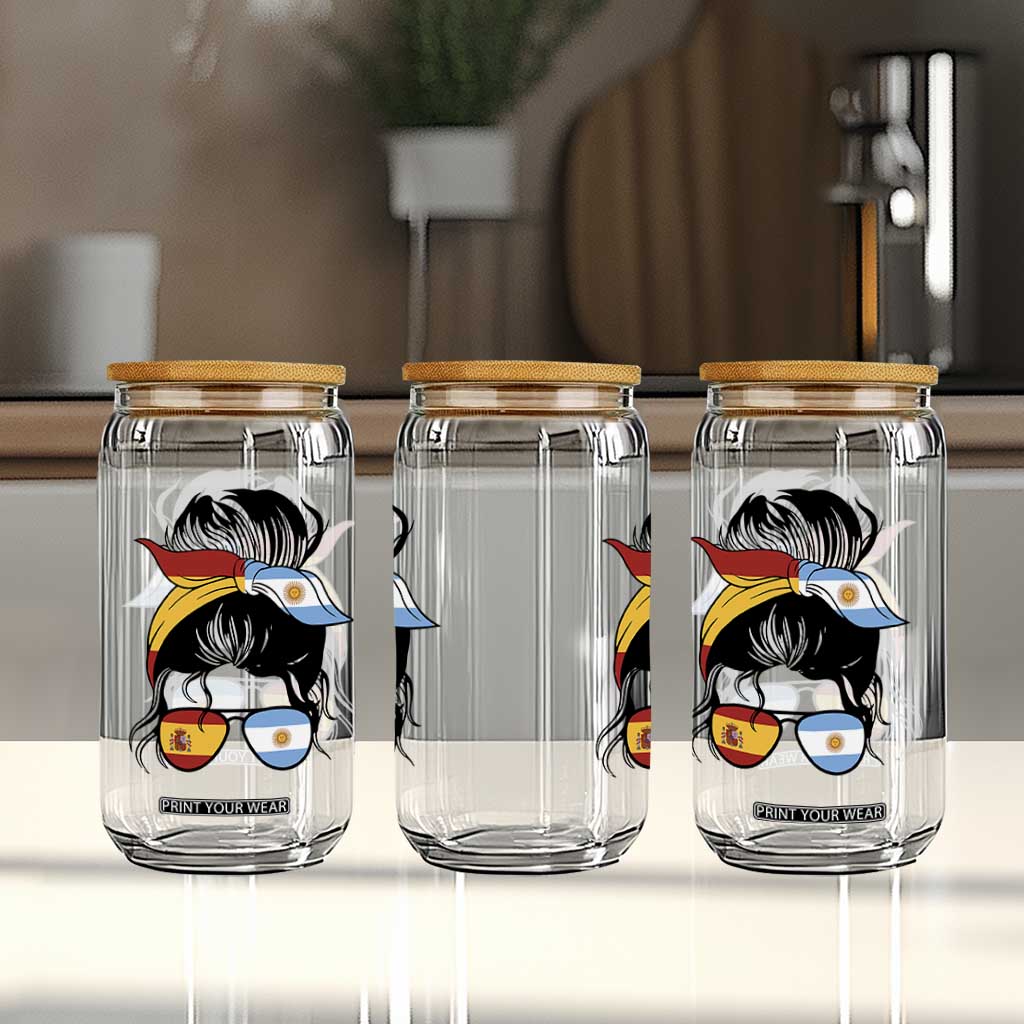 Argentina Spain Flag Messy Bun Girl Graphic Glass Can Cool Latina Argentine Spanish Pride Match Day