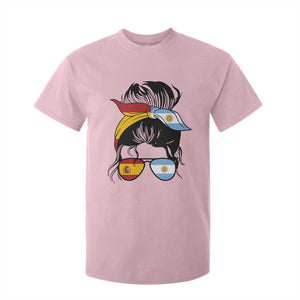Argentina Spain Flag Messy Bun Girl Graphic T Shirt For Kid Cool Latina Argentine Spanish Pride Match Day