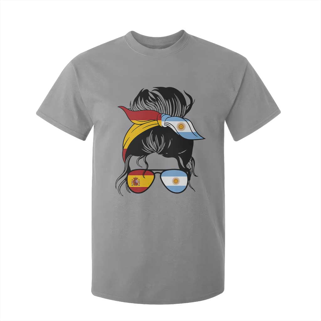 Argentina Spain Flag Messy Bun Girl Graphic T Shirt For Kid Cool Latina Argentine Spanish Pride Match Day