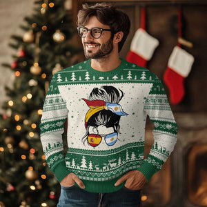 Argentina Spain Flag Messy Bun Girl Graphic Ugly Christmas Sweater Cool Latina Argentine Spanish Pride Match Day