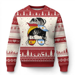 Argentina Spain Flag Messy Bun Girl Graphic Ugly Christmas Sweater Cool Latina Argentine Spanish Pride Match Day