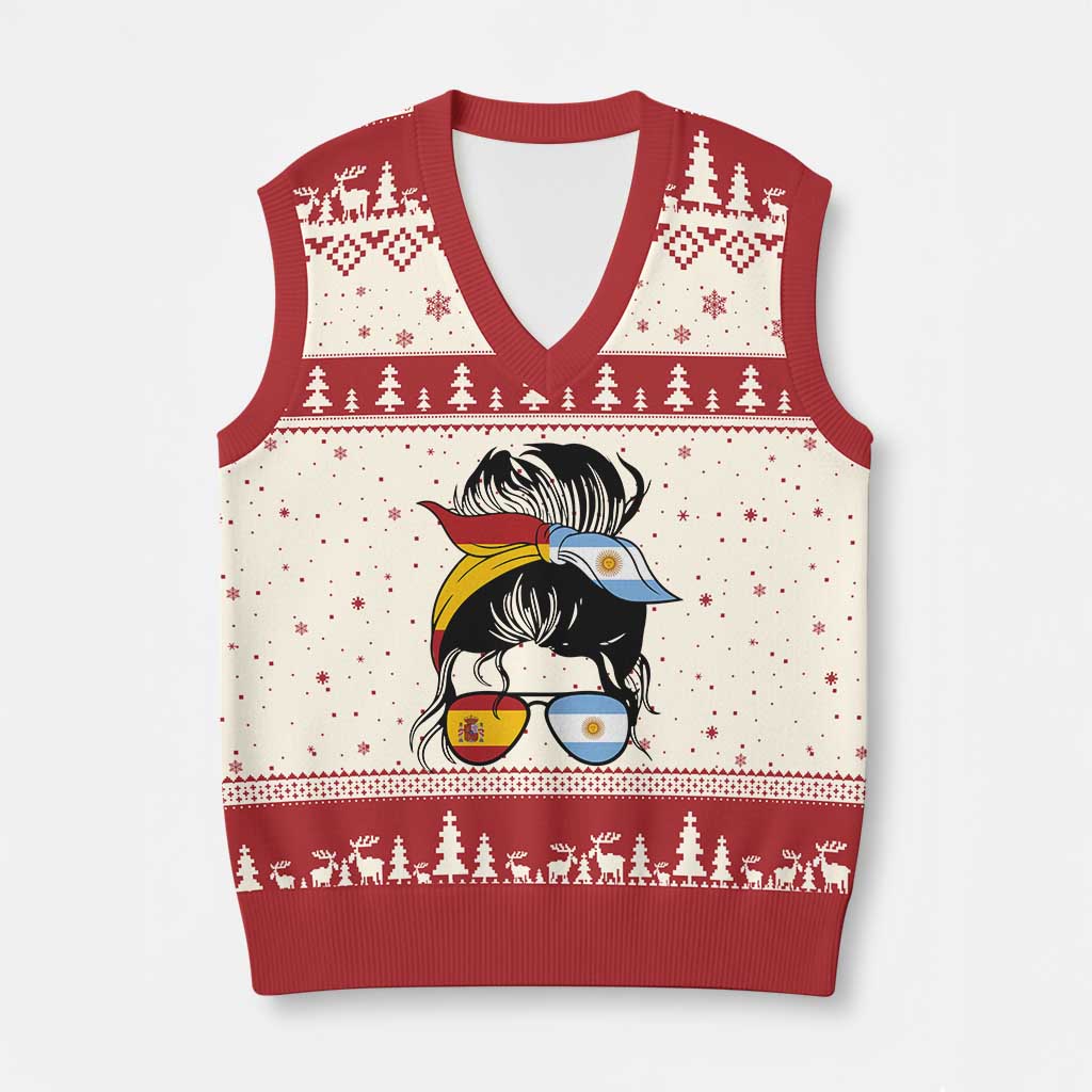 Argentina Spain Flag Messy Bun Girl Graphic V-Neck Knit Sweater Vest Cool Latina Argentine Spanish Pride Match Day