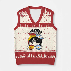 Argentina Spain Flag Messy Bun Girl Graphic V-Neck Knit Sweater Vest Cool Latina Argentine Spanish Pride Match Day