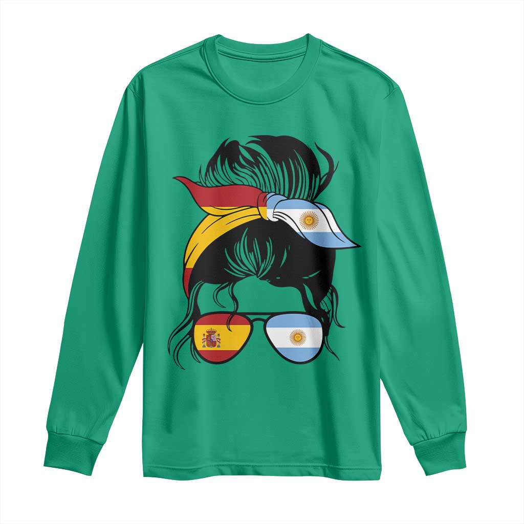 Argentina Spain Flag Messy Bun Girl Graphic Long Sleeve Shirt Cool Latina Argentine Spanish Pride Match Day