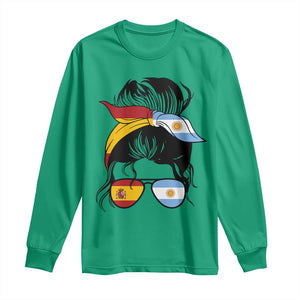 Argentina Spain Flag Messy Bun Girl Graphic Long Sleeve Shirt Cool Latina Argentine Spanish Pride Match Day