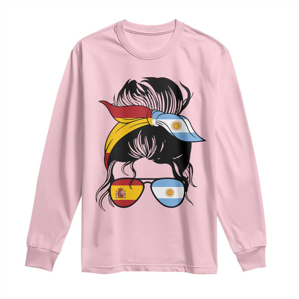 Argentina Spain Flag Messy Bun Girl Graphic Long Sleeve Shirt Cool Latina Argentine Spanish Pride Match Day