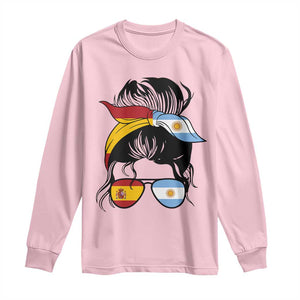 Argentina Spain Flag Messy Bun Girl Graphic Long Sleeve Shirt Cool Latina Argentine Spanish Pride Match Day