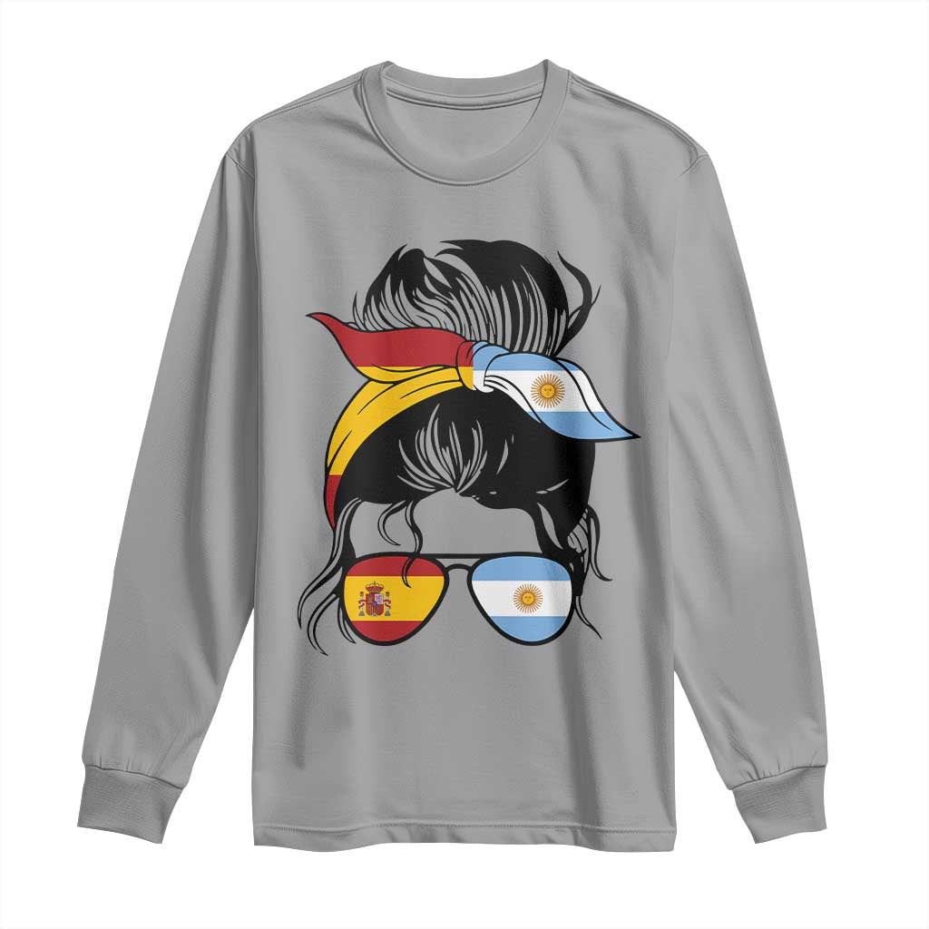 Argentina Spain Flag Messy Bun Girl Graphic Long Sleeve Shirt Cool Latina Argentine Spanish Pride Match Day